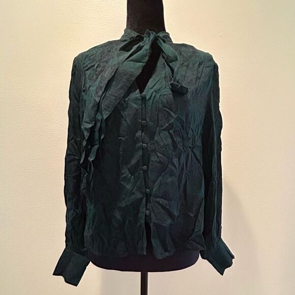 NWT XS 7ForAllManKind Blouse Emerald Tie Front - Picture 1 of 11